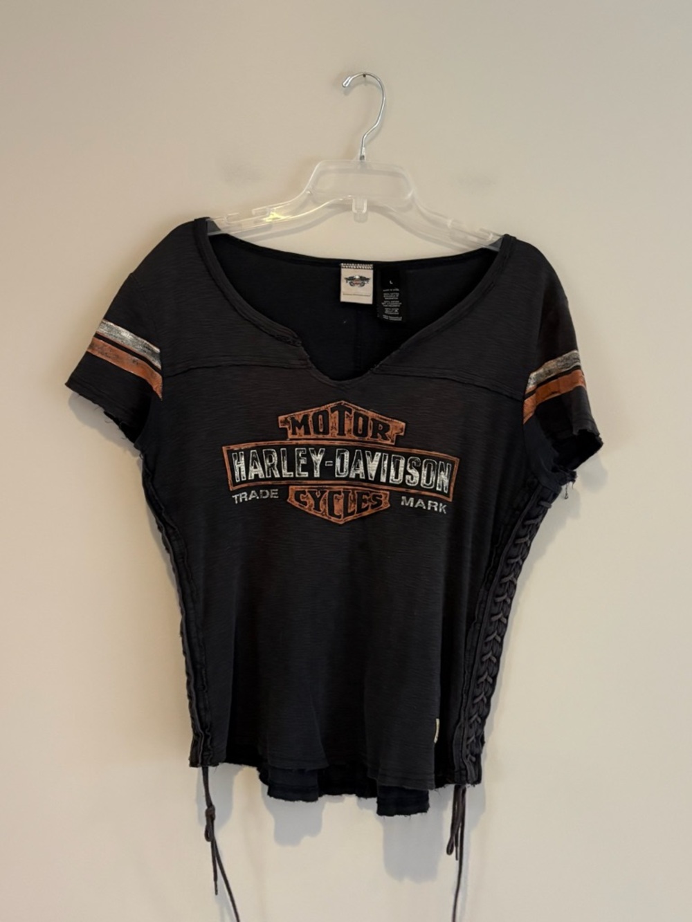 Harley-Davidson Women’s Black Distressed Lace-Up Side Graphic Tee Shirt Size L